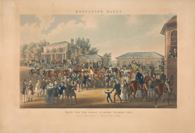 Eine Gruppe von Menschen zu Pferd vor einem Gebäude mit Bäumen und Wolken im Hintergrund und dem Text "Doncaster Races, Race for the Great Stakes, 1839" unten.