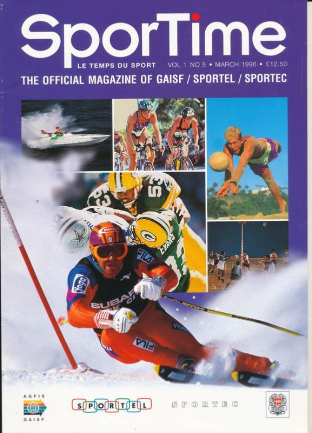 Farbiges Magazin-Cover mit der Überschrift 'Sporttime Magazine - März 1996' mit Bildern von Skifahren und Snowboarden.