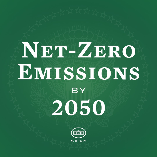 Grünes Hintergrundbild mit fetter weißer Schrift, die 'netto-null-Emissionen bis 2050' lautet.
