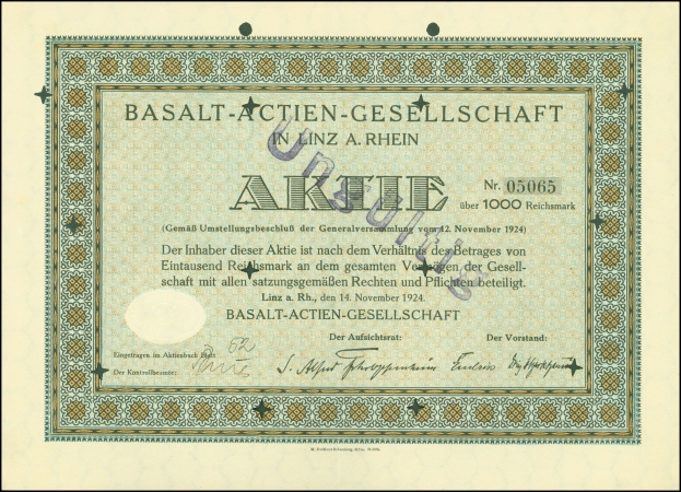 Rahmung alter Aktienbescheinigung der Basalt-Actien-Gesellschaft in Linz, Deutschland, mit sichtbarem Text.