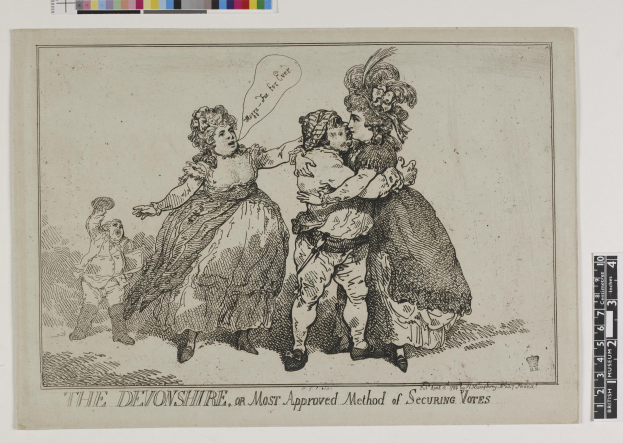 Papier mit einer handgezeichneten Skizze von drei Personen (zwei Frauen, ein Mann), betitelt "The Devonshire, or Most Approved Method of Securing Votes", begleitet von Farboptionen oben.