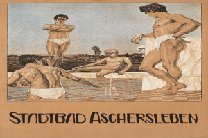 Ein Plakat wirbt für ein Schwimmbad in Aschersleben, Deutschland, das Menschen im Wasser zeigt, darunter einen sitzenden, und Text, der Pool-Informationen bereitstellt.