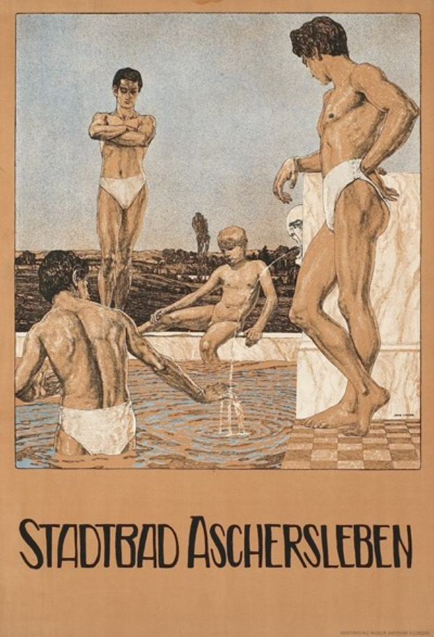 Ein Plakat wirbt für ein Schwimmbad in Aschersleben, Deutschland, das Menschen im Wasser zeigt, darunter einen sitzenden, und Text, der Pool-Informationen bereitstellt.