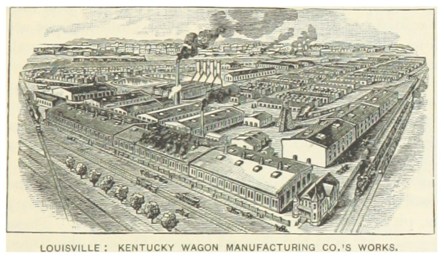 Plakat der Louisville, Kentucky Wagon Manufacturing Co. mit Gebäuden, Fahrzeugen und Rauch im Hintergrund sowie Text unten.
