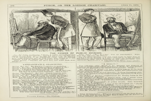 Eine Schwarz-Weiß-Illustration eines alten Buchumschlags mit einem sitzenden Mann in einem Anzug mit ernster Miene und einer stehenden Frau, die wegschaut, betitelt mit "Die Macht der öffentlichen Meinung".