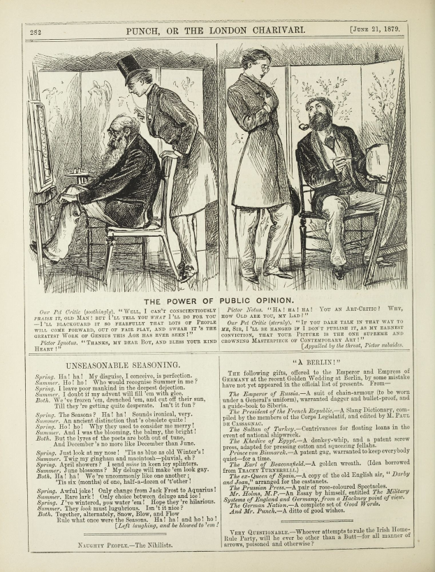 Eine Schwarz-Weiß-Illustration eines alten Buchumschlags mit einem sitzenden Mann in einem Anzug mit ernster Miene und einer stehenden Frau, die wegschaut, betitelt mit "Die Macht der öffentlichen Meinung".