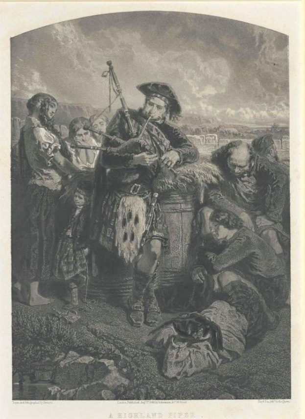Schwarz-weißes Gravur eines Mannes, der eine Dudelsack vor einer Gruppe von Menschen spielt, mit einem bewölkten Himmel im Hintergrund, mit der Beschriftung "Ein Highland Pipe" unten.