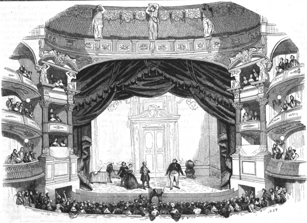 Eine Schwarz-Weiß-Zeichnung des Theaters der Royal Opera House in London, England, mit einer Bühne mit Menschen, Geländern, Säulen, Vorhängen und einer Tür.