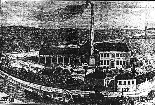 Eine Schwarz-Weiß-Zeichnung einer Fabrik in einem Feld mit ein paar Gebäuden, Bäumen und einem Pfahl im Vordergrund und dem Text "The New York State Penitentiary" unten.