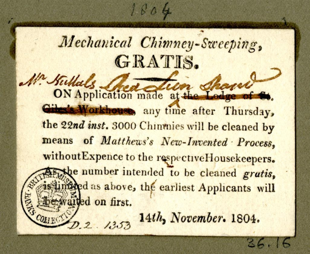 Papierdokument mit gedrucktem Text und einem roten Stempel mit der Aufschrift "Mechanische Schornsteinfegerei, Gratis".