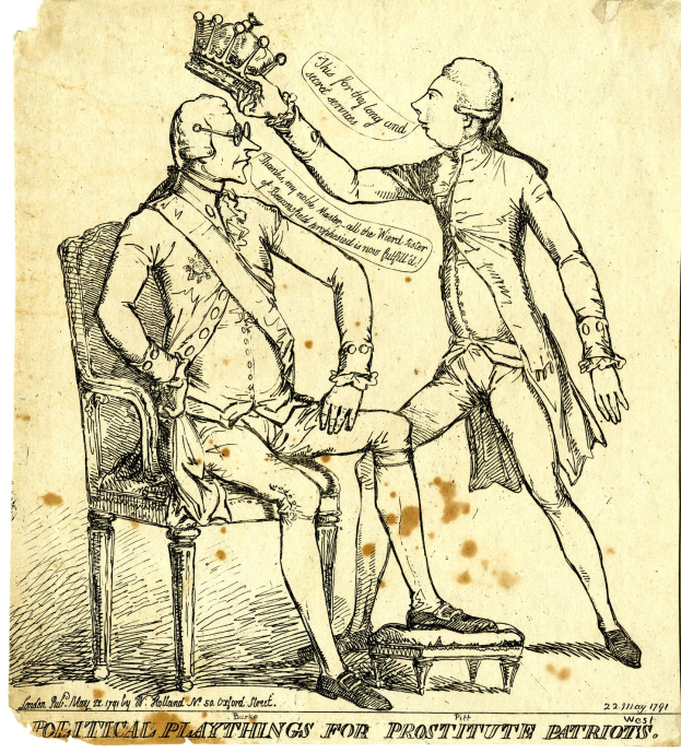 Ein Mann sitzt auf einem Stuhl mit einer Krone auf dem Kopf, neben ihm steht eine andere Person, und unten steht Text: "Politische Spielzeuge für Prostituierte Patrioten".