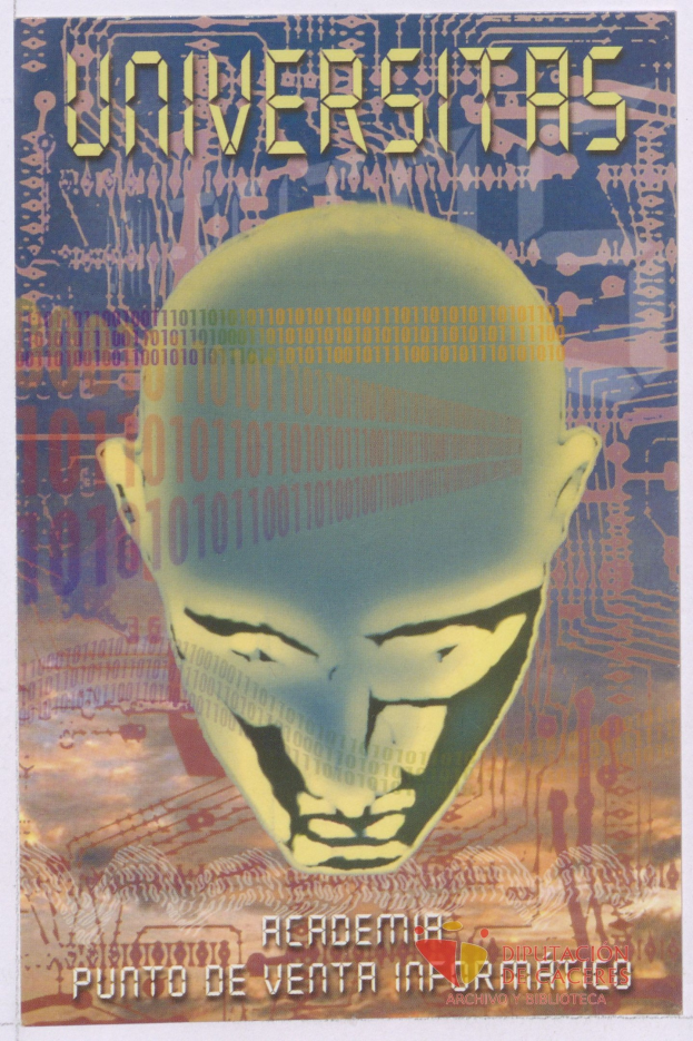 Plakat mit einem kahlgeschorenen Mann mit breitem Grinsen, geschlossenen Augen, umgeben von Text und Zahlen, mit "Universitas" in fetter schwarzer Schrift.