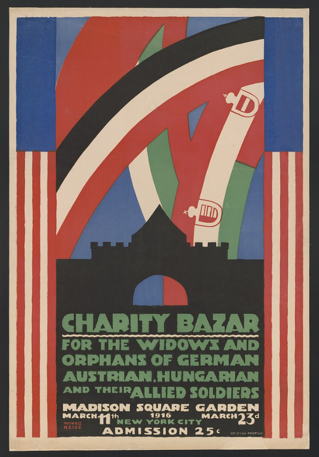 Charity-Bazaar-Plakat für Witwen und Waisen deutscher, australischer, ungarischer und alliierter Soldaten mit Veranstaltungseinzelheiten im Text.