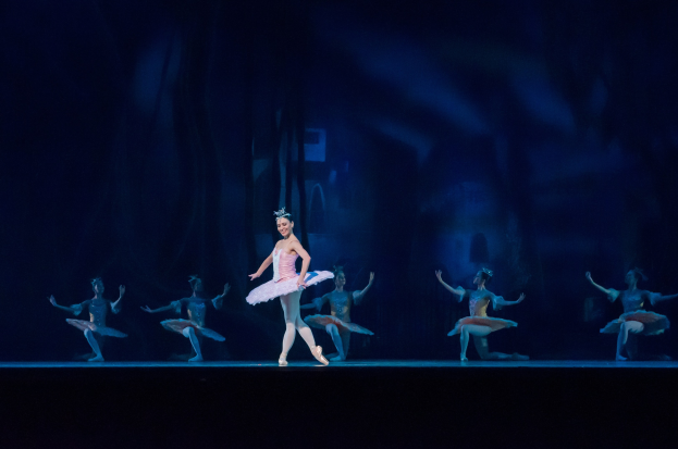 Eine Ballerina in einem rosafarbenen Tutu und Spitzenschuhen tanzt anmutig auf einer Bühne, umgeben von anderen Tänzern in ähnlichen Kostümen, mit einem dunklen Hintergrund, der eine dramatische Atmosphäre schafft.