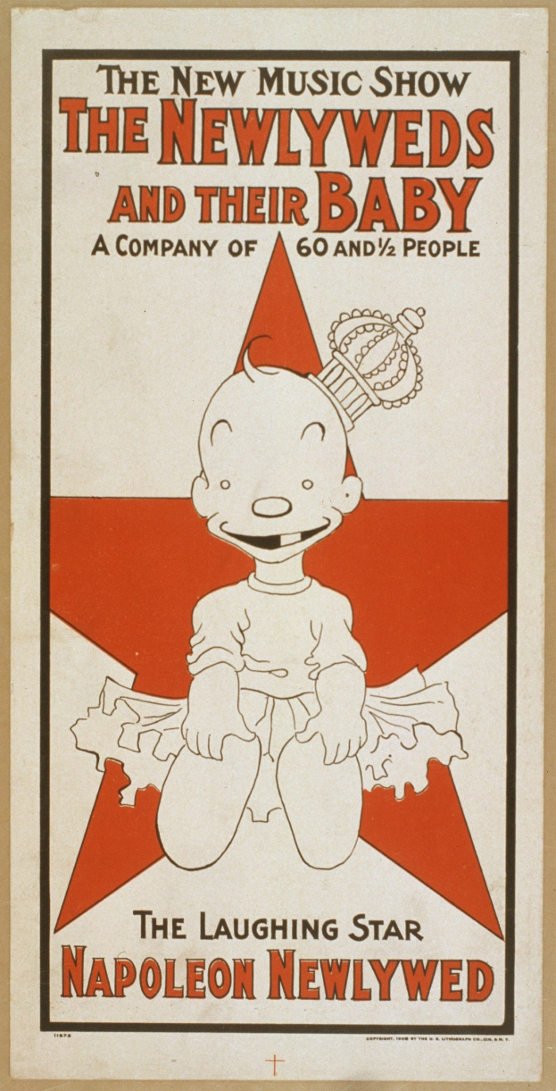 Plakat für "The New Music Show: The Newlyweds and Their Baby" mit einer Cartoon-Baby in einem weißen Strampler mit pinker Schleife, das gegen einen hellblauen Hintergrund mit Sternen und fetter schwarzer Schrift lächelt.