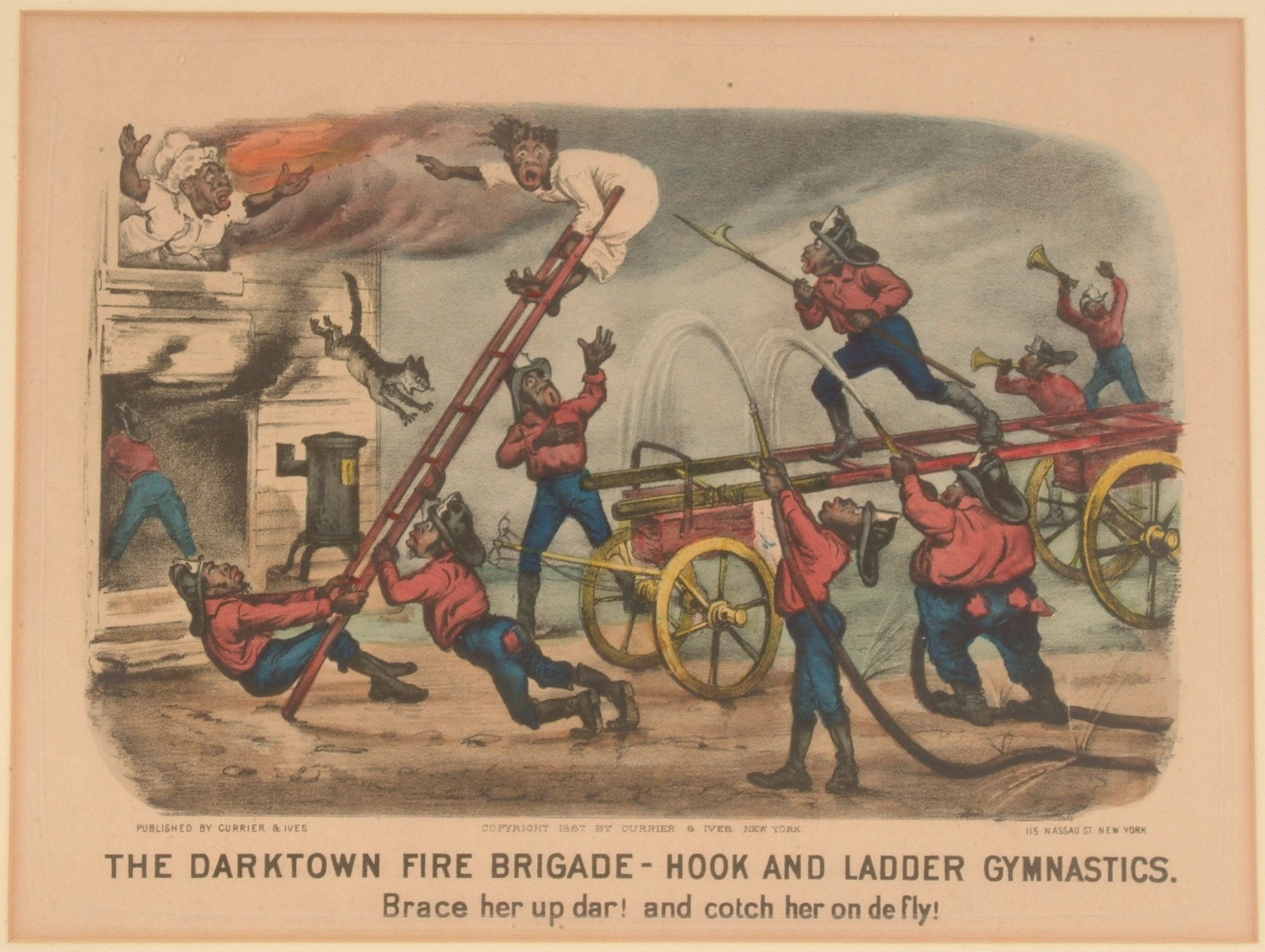 Plakat mit der Aufschrift "The Darktown Fire Brigade - Hook and Ladder Gymnastics", das eine Gruppe von Menschen zeigt, die Leitern und andere Gegenstände halten, mit einem Pferdewagen im Hintergrund.