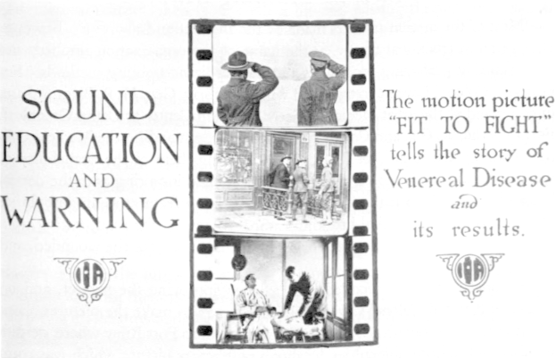 Schwarzes und weißes Poster, das verstörte Menschen in einem Raum mit dem Text 'Sound Education and Warning' oben zeigt.