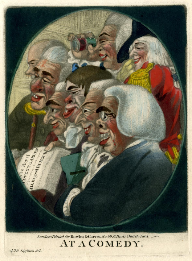 Gruppe von Menschen im Kreis lachend, einer hält ein Papier, mit 'Bei einer Komödie' Text unten.