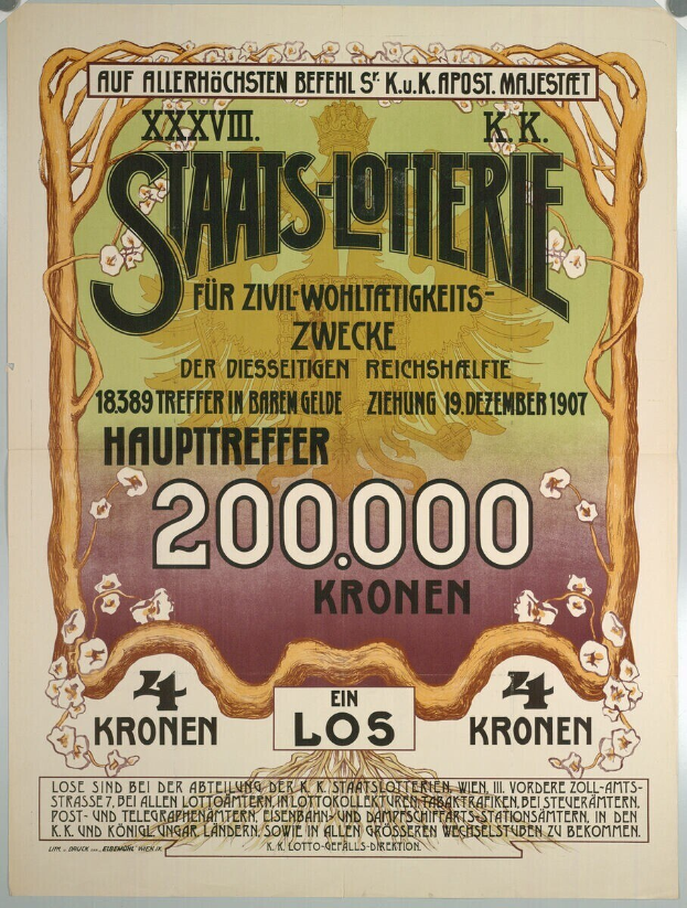 Ein Plakat an einer Gebäudewand mit Geld, Text und Zahlen, das wahrscheinlich eine Lotterie bewirbt.
