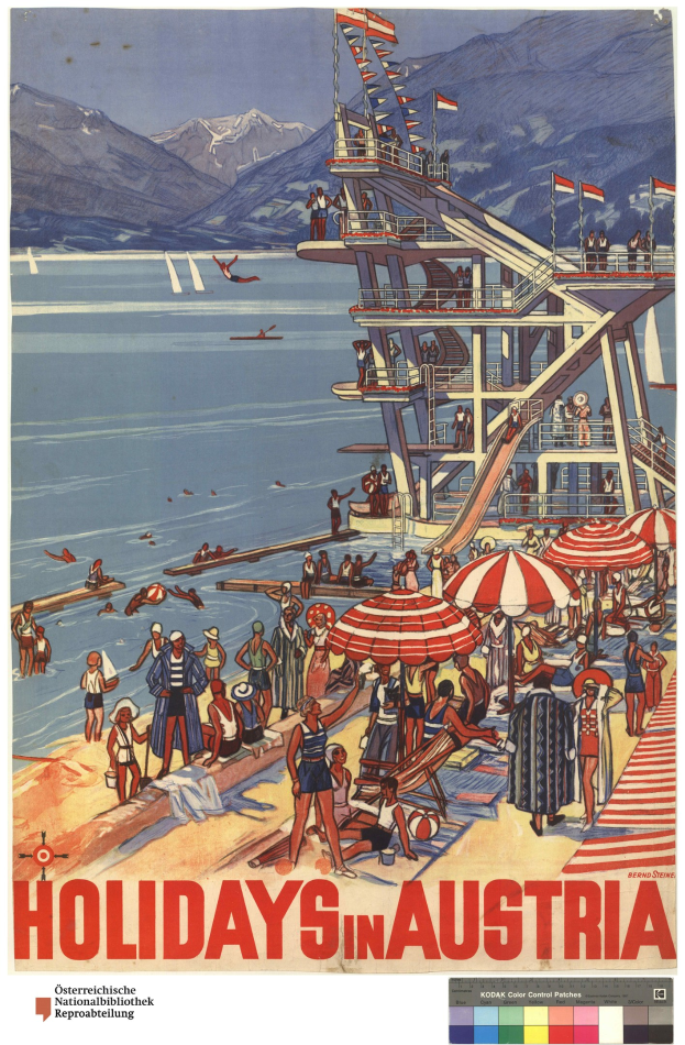 Plakat, das Urlaub in Österreich bewirbt, zeigt Menschen am Strand mit Schirmen, ein Schiff im Hintergrund, schwingende Flaggen und entfernte Berge.