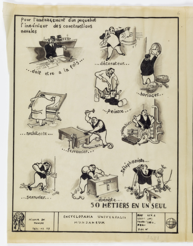 Ein altes Buchblatt mit einem Mann im Anzug und Krawatte und einem menschlichen Gesicht in der Mitte, umgeben von Comic-ähnlichen Bildern und Text.