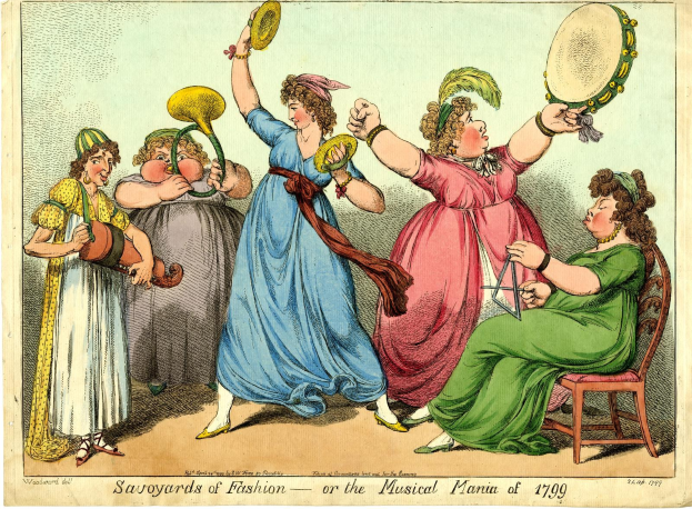 Eine Gruppe von Frauen in bunten Kälchen, die Musikinstrumente spielen, mit einer Frau, die auf einem Stuhl in der Mitte sitzt, und Text unten, der 'Savoyards der Mode oder die musikalische Manie von 1799' lautet.