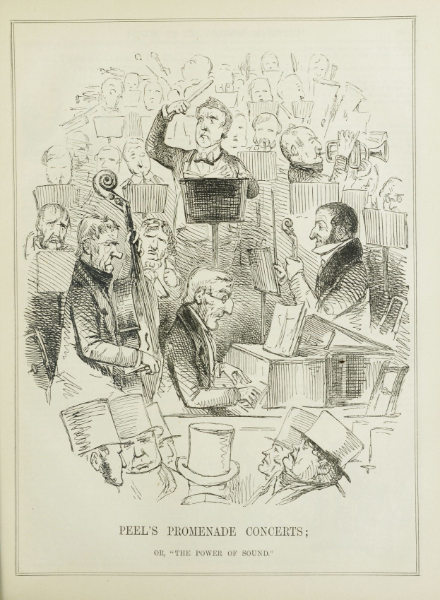 Eine Papierreproduktion mit dem Titel "Peel's Promenade Concerts oder, die Kraft des Klangs" zeigt eine Gruppe von Musikern, die Instrumente wie eine Gitarre, ein Saxophon und ein Schlagzeug spielen.