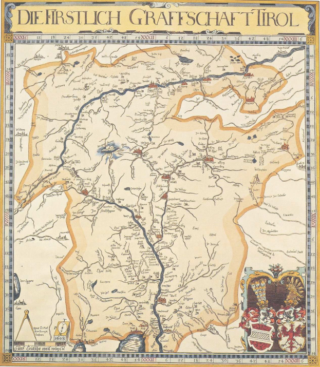 Ein detailliertes historisches Plakat der ersten deutschen Grafschaft Tirol, das eine Karte mit geografischen Merkmalen wie Flüssen, Bergen und Städten zeigt und von begleitendem Text umgeben ist.