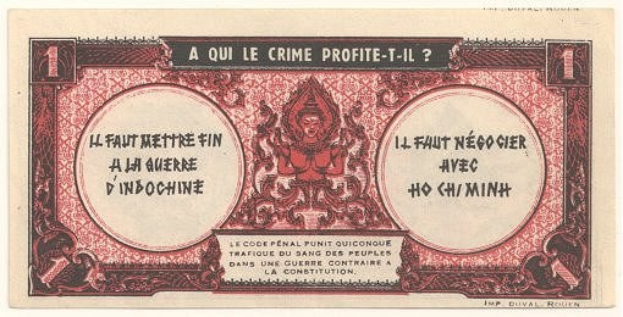 Alter französischer Geldschein mit einem ernst dreinblickenden Mann in einem Anzug, mit der Aufschrift "A qui le crime profite-il?" und einem schwarzen Rand auf einem weißen Hintergrund.