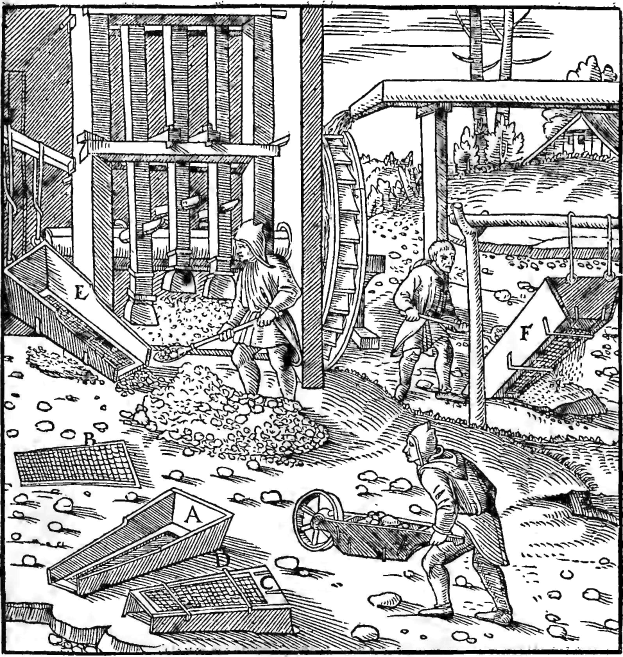 Schwarze und weiße Gravur eines Mannes in einem langen Mantel und Hut, der in einem 16. Jahrhundert Garten arbeitet, mit einer Schaufel und einem Karren mit Werkzeugen wie einer Harke und einem Eimer in der Nähe.