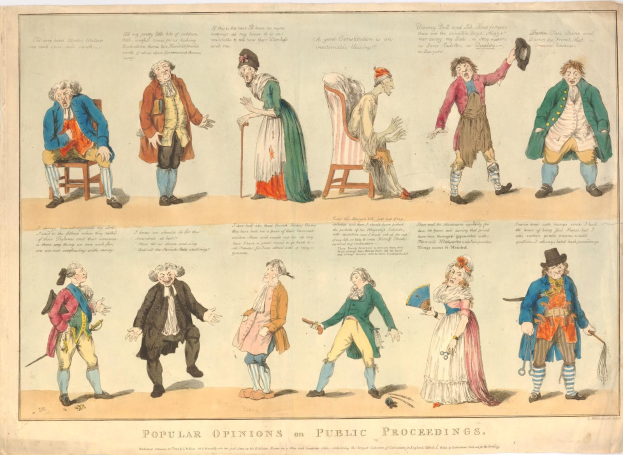 Zeitung mit Abbildungen von Menschen und handgeschriebenem Text, repräsentierend öffentliche Meinungen zu Verfahren.