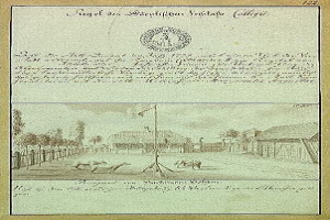 Schwarzes und weißes Bild einer handgezeichneten Straßenszene auf der ersten Entwurfsseite der deutschen Verfassung, die eine Flagge an einem Mast, Gebäude, Bäume und Himmel zeigt.