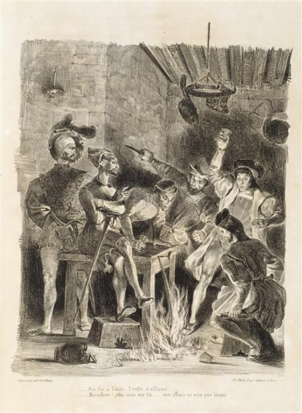 Schwarz-weiß-Radierung von Menschen, die sich um ein Feuer versammeln, mit einer Wand im Hintergrund, betitelt "Der Tod des Königs von England", zeigt betroffene Personen, einige liegen am Boden und andere stehen.