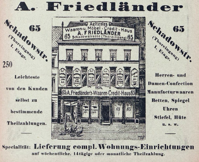 Schwarz-weiß-Anzeige für einen Friedländer-Laden in Deutschland, der ein Gebäude mit Text an der Fassade zeigt.