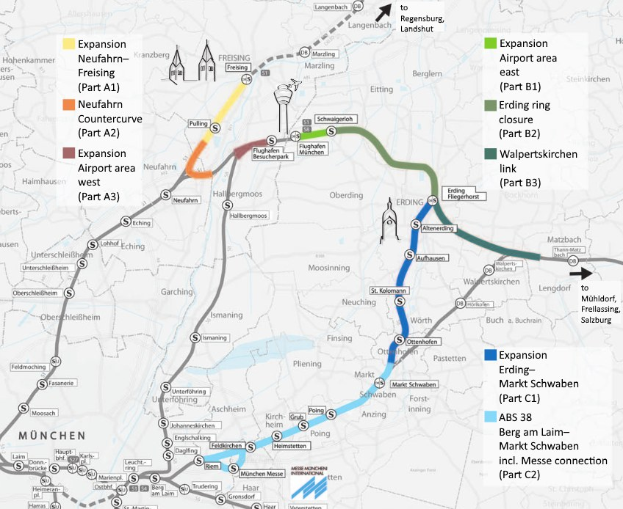 Eine detaillierte Karte einer Stadt mit einer hervorgehobenen Bahnroute von München nach Frankfurt, einschließlich Haltepunkte, Umgebung und Bahninformationen.