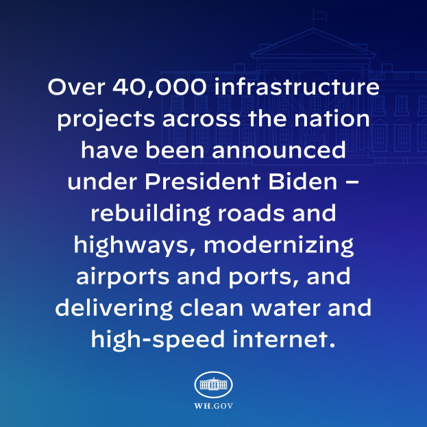 Blauer Hintergrund mit weißer Schrift, die besagt "über 40.000 Infrastrukturprojekte bundesweit wurden unter Präsident Biden angekündigt" in der Mitte, begleitet von einem Logo unten.
