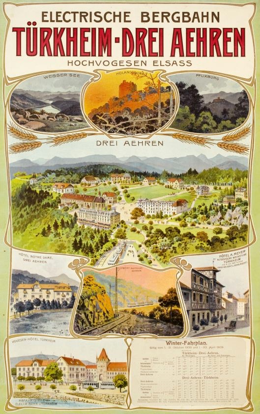 Plakat wirbt für Bergbahn, Deutschland, als Elektrostadt mit Bildern von Gebäuden, Bäumen, Hügeln und beschreibendem Text.