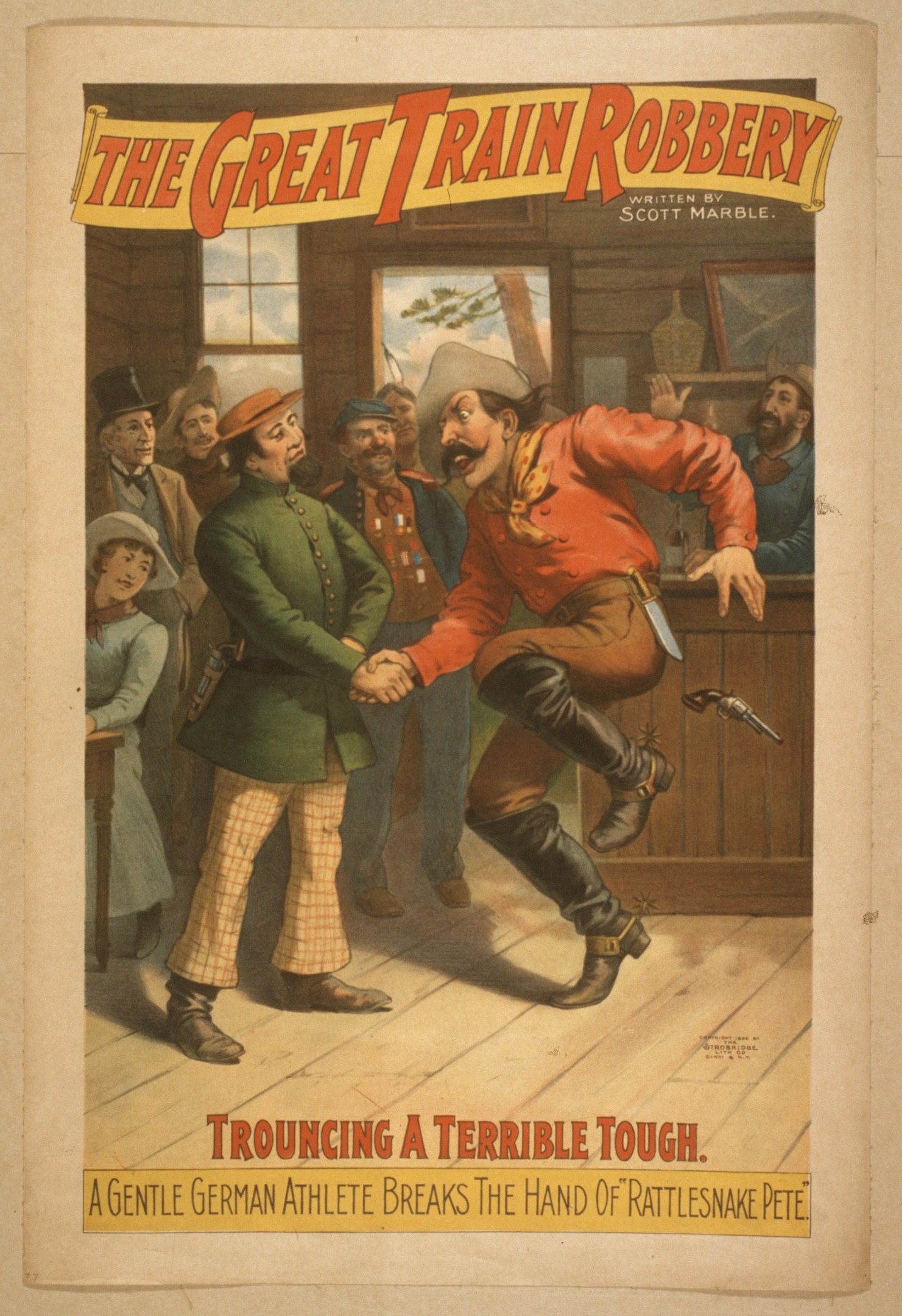 Plakat für "Die große Zugüberfall" zeigt eine Gruppe von Menschen mit einem, der eine Waffe hält, ein Fenster, eine Wand und Text oben und unten.