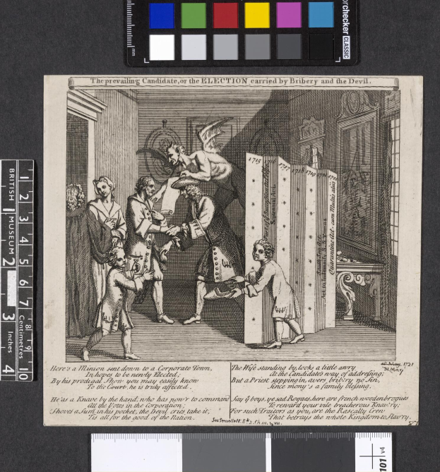 Ein Schwarzweiß-Stich von einer Gruppe von Menschen in einem Raum, die sich um ein zentrales Papier mit Text und Farboptionen oben versammeln, symbolisiert eine korrupte Wahl.