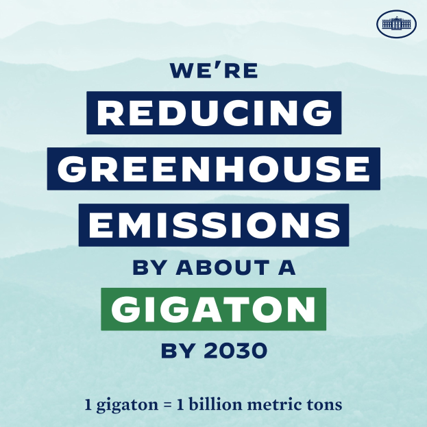 Plakat mit Text und Logo, das besagt: 'Wir reduzieren die Treibhausgasemissionen um etwa eine Gigatonne bis 2030', und für eine signifikante Reduzierung der Treibhausgase bis 2030 wirbt.