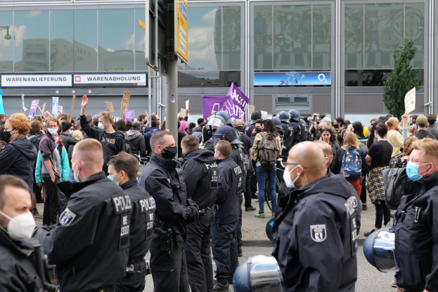 Eine große Gruppe von Menschen protestiert vor einem Gebäude, einige halten Schilder und tragen Helme, mit einem Mast und einer Tafel im Vordergrund und einem Baum im Hintergrund.