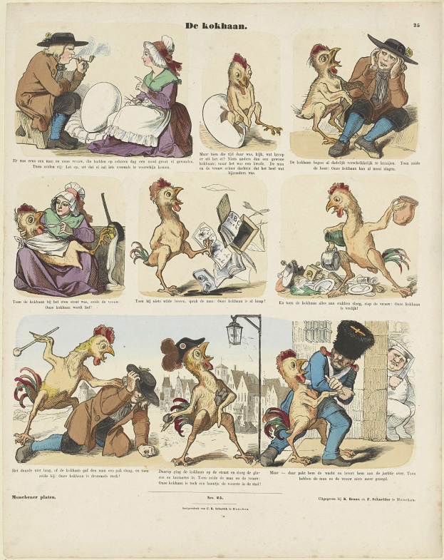 Cartoon-Illustration eines Mannes in Hut und Mantel und einer Frau in Schürze und Kleid, die mit Hühner spielen, umgeben von bunten Tierillustrationen auf einer Buchseite.