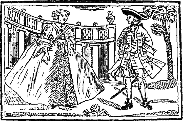 Schwarze und Weiße Zeichnung eines Mannes und einer Frau, die nebeneinander stehen, mit einem Baum und einem Geländer im Hintergrund, beschriftet mit "18. Jahrhundert Hochzeitsclip-Art" unten.