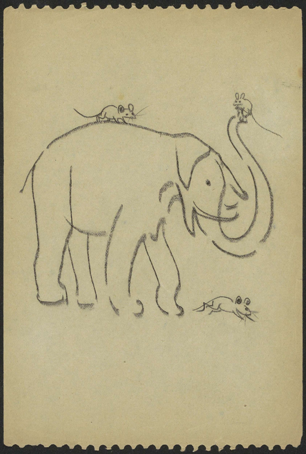 Eine Zeichnung eines aufrecht stehenden Elefanten mit erhobenem Rüssel und einer Maus, die darauf sitzt, beide mit friedlichen Gesichtsausdrücken.