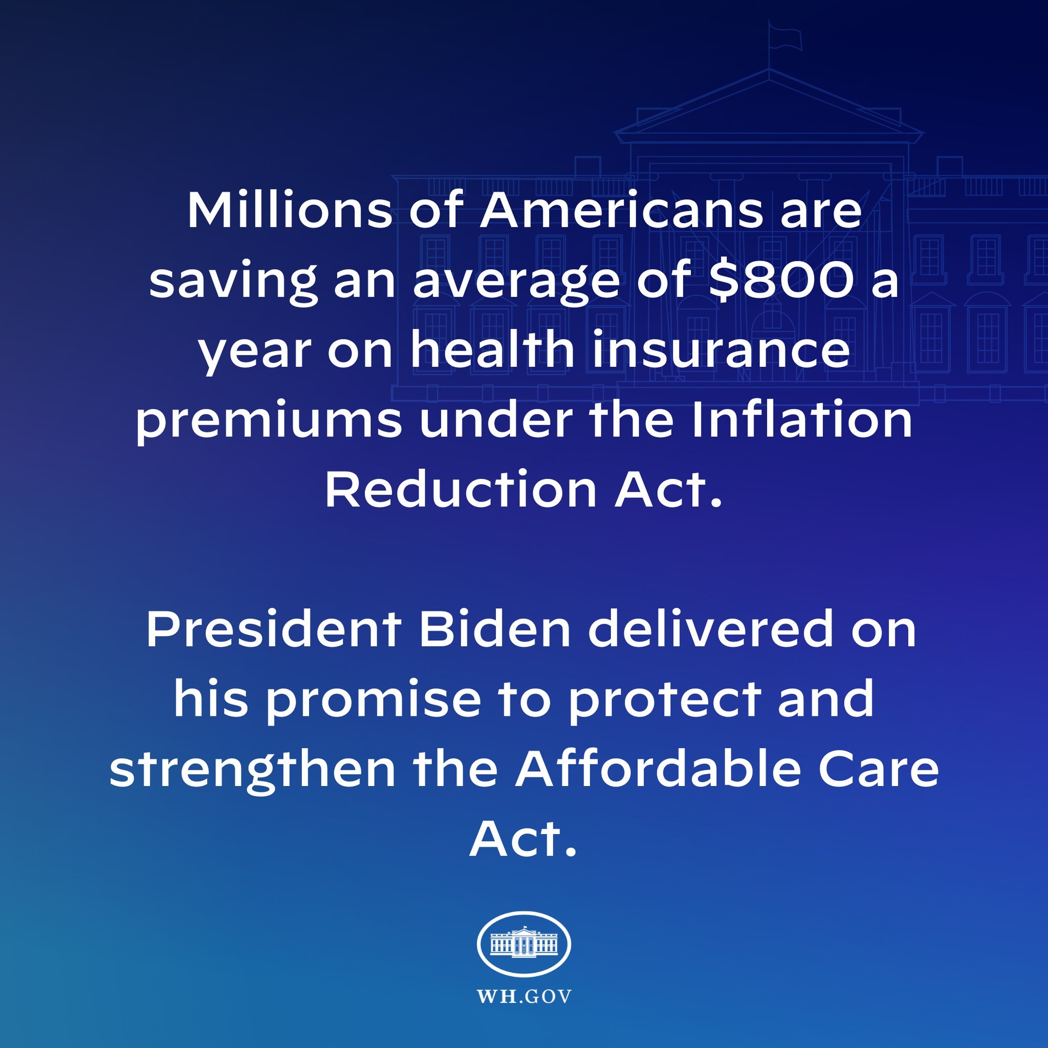 Blauer Hintergrund mit weißer Schrift, die besagt, dass Millionen von Amerikanern durchschnittlich $800 im Jahr an den Gesundheitsversicherungsprämien durch das Inflation Reduction Act sparen, begleitet von einem Logo.