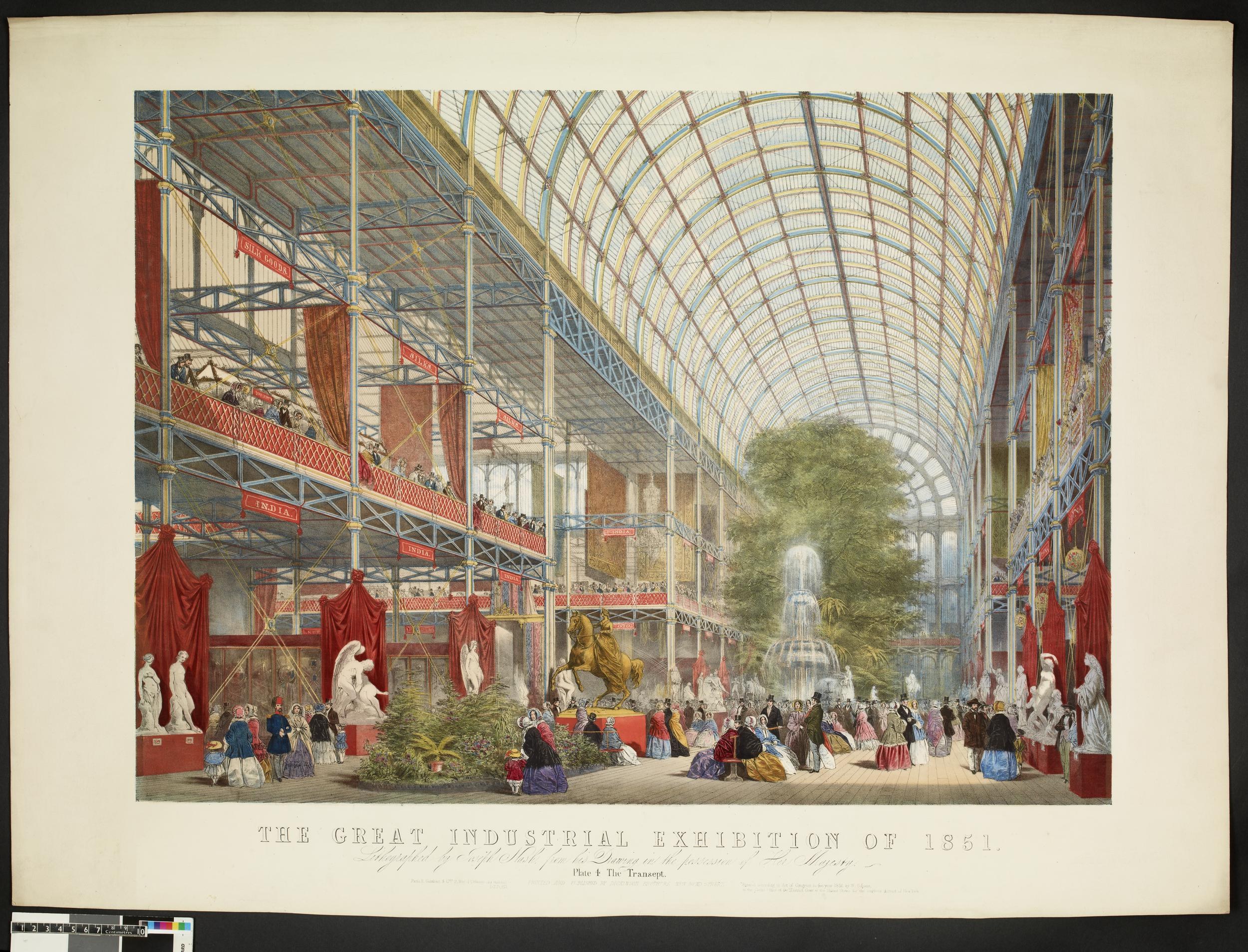 Bildnis in einem Rahmen, das die Große Industrieausstellung von 1861 zeigt, mit Menschen, Skulpturen, Pflanzen, Bäumen, einem Brunnen und anderen Gegenständen sowie Text unten.
