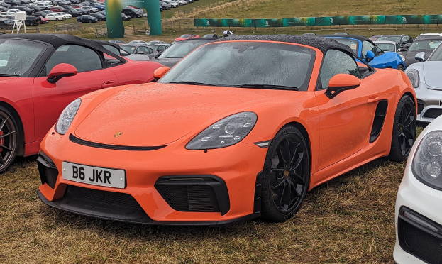 Porsche 718 Boxster GTS auf dem Goodwood Festival of Speed mit Autos auf Gras, einem Banner, Bäumen und einem klaren blauen Himmel.