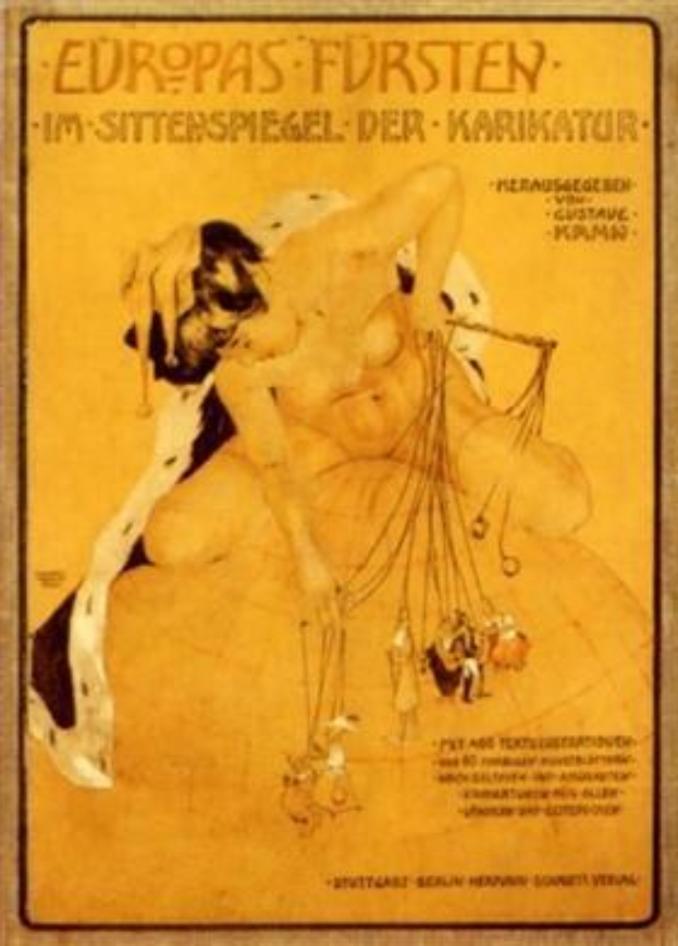 Plakat, das eine Zirkusvorstellung mit dem Titel "Europas Fursten - Im Sittenspiegel der Karikatur" ankündigt, mit einer Frau in einem Bikini und einem Mann in einer Badehose in gedämpften Blautönen und Grautönen.