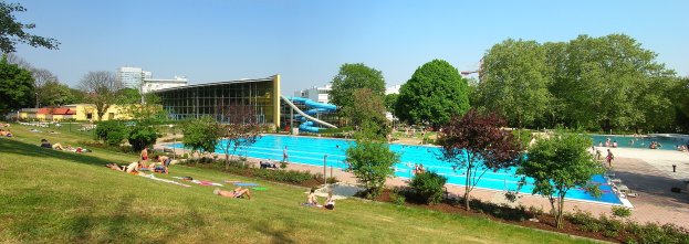 Großer Swimmingpool mit Menschen darin und drumherum, umgeben von grünem Gras, Bäumen, Gebäuden und einem klaren blauen Himmel.