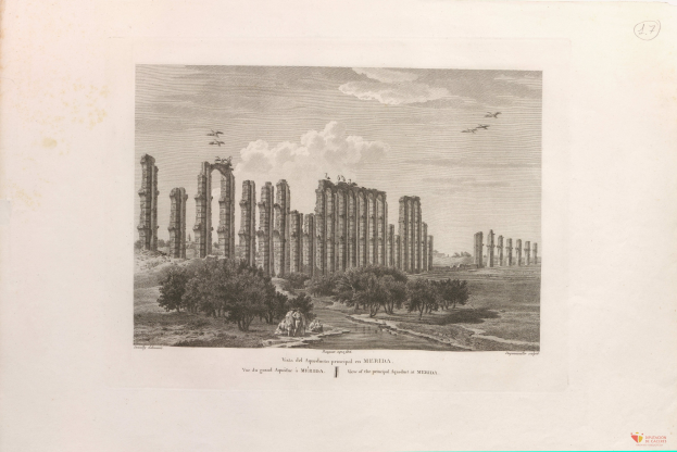 Ein altes Buch mit einer Illustration der Ruinen des Tempels von Olympian Zeus, umgeben von Bäumen und Menschen, mit einem bewölkten Himmel und fliegenden Vögeln und Text unten.